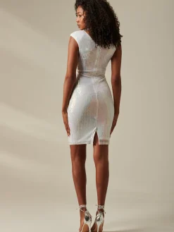 Qaya Sequin V Neck Shift Dress, White Multi