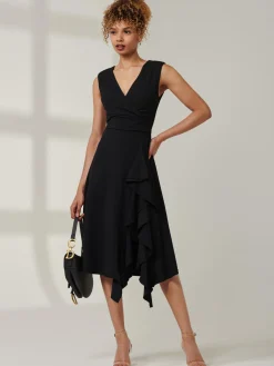 Qiana Ruffle Detail Midi Dress, Black
