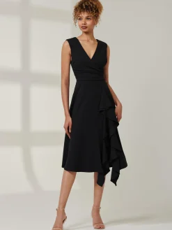 Qiana Ruffle Detail Midi Dress, Black