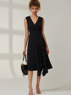 Qiana Ruffle Detail Midi Dress, Black