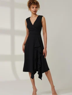 Qiana Ruffle Detail Midi Dress, Black