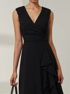 Qiana Ruffle Detail Midi Dress, Black