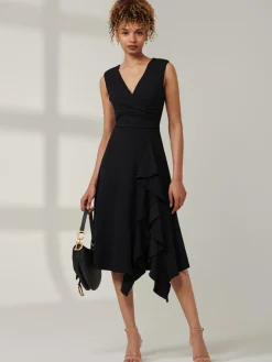 Qiana Ruffle Detail Midi Dress, Black