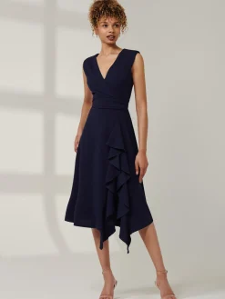 Qiana Ruffle Detail Midi Dress, Navy