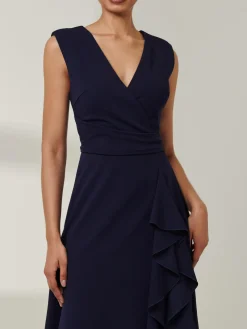 Qiana Ruffle Detail Midi Dress, Navy