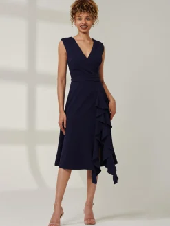 Qiana Ruffle Detail Midi Dress, Navy
