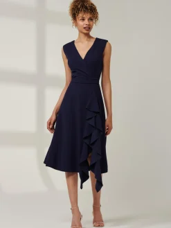 Qiana Ruffle Detail Midi Dress, Navy