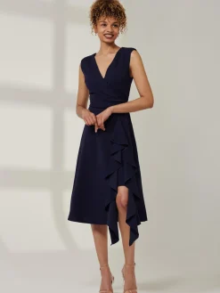 Qiana Ruffle Detail Midi Dress, Navy