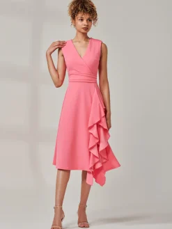 Qiana Ruffle Detail Midi Dress, Pink