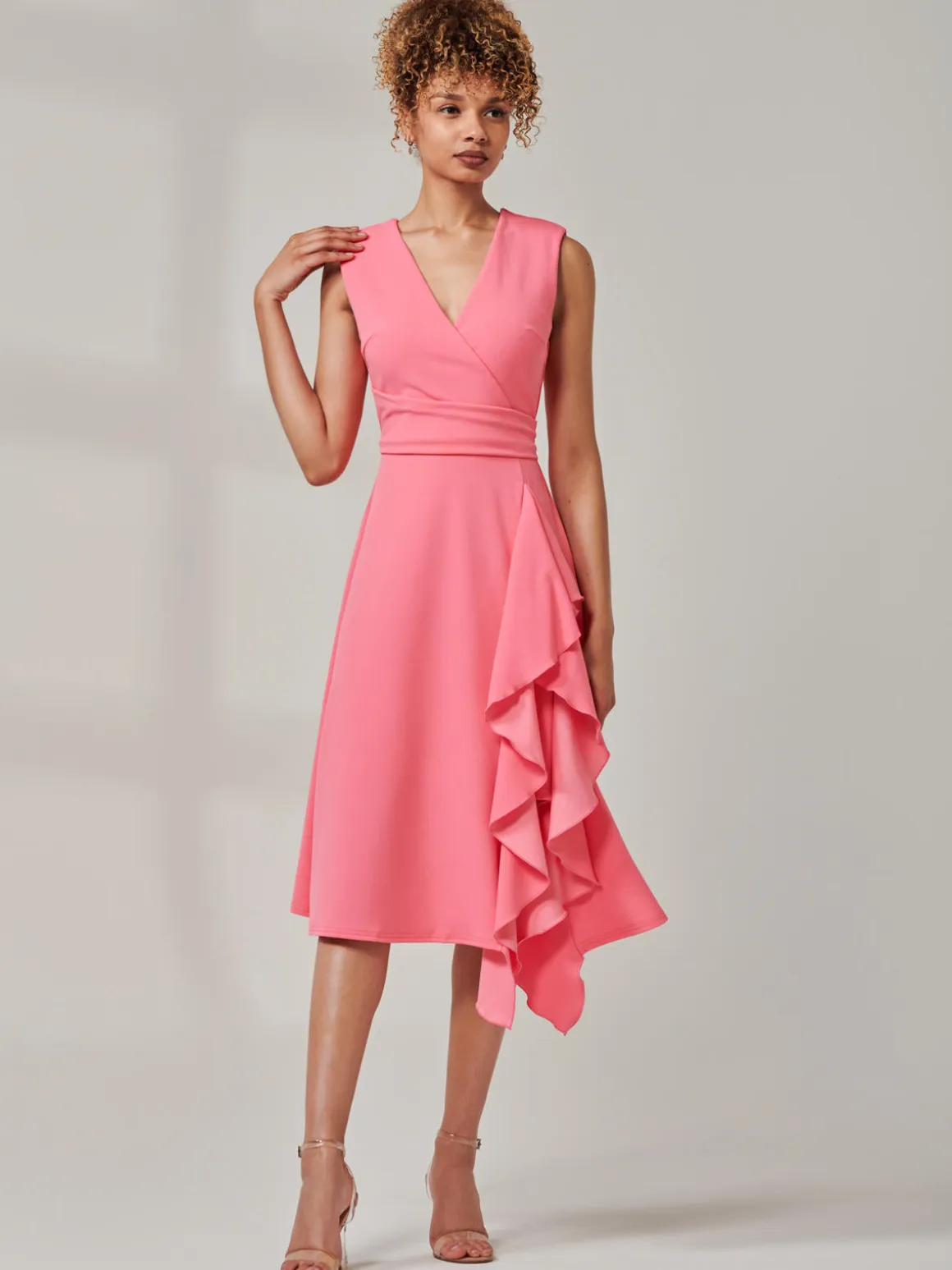 Qiana Ruffle Detail Midi Dress, Pink