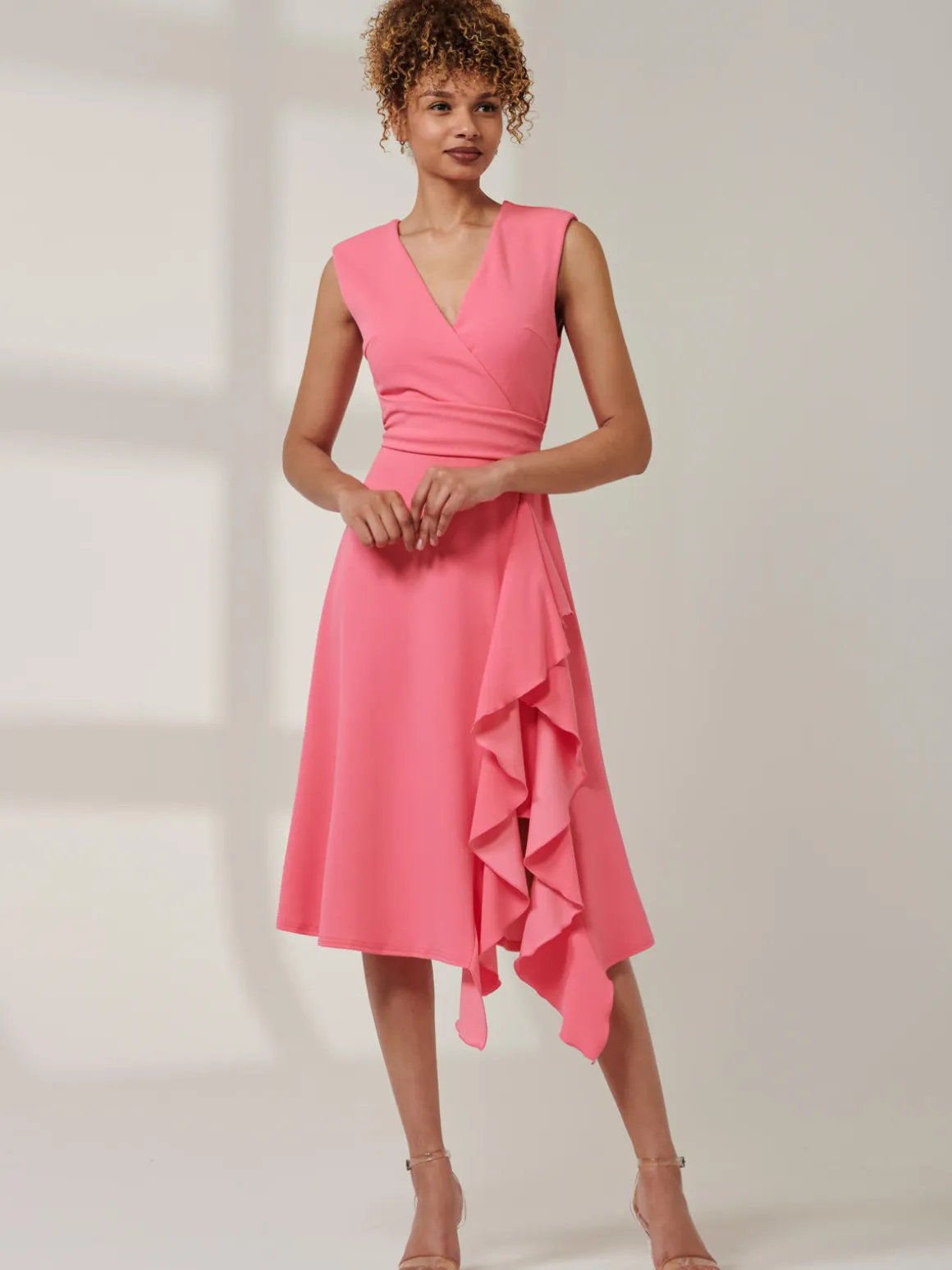 Qiana Ruffle Detail Midi Dress, Pink