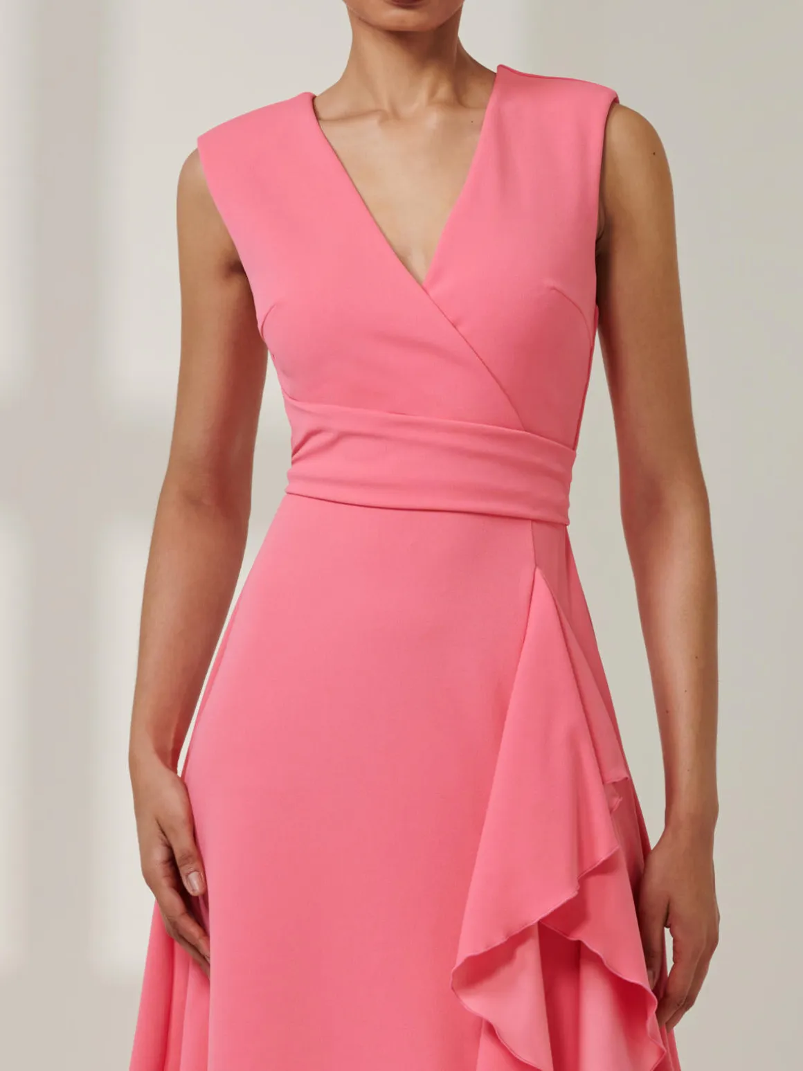 Qiana Ruffle Detail Midi Dress, Pink
