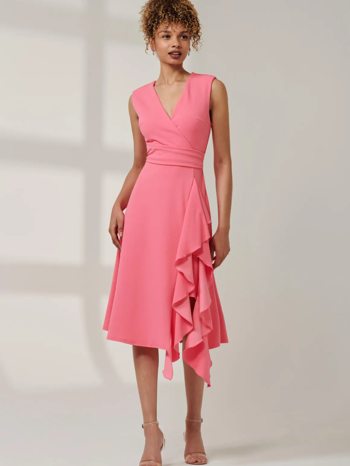 Qiana Ruffle Detail Midi Dress, Pink