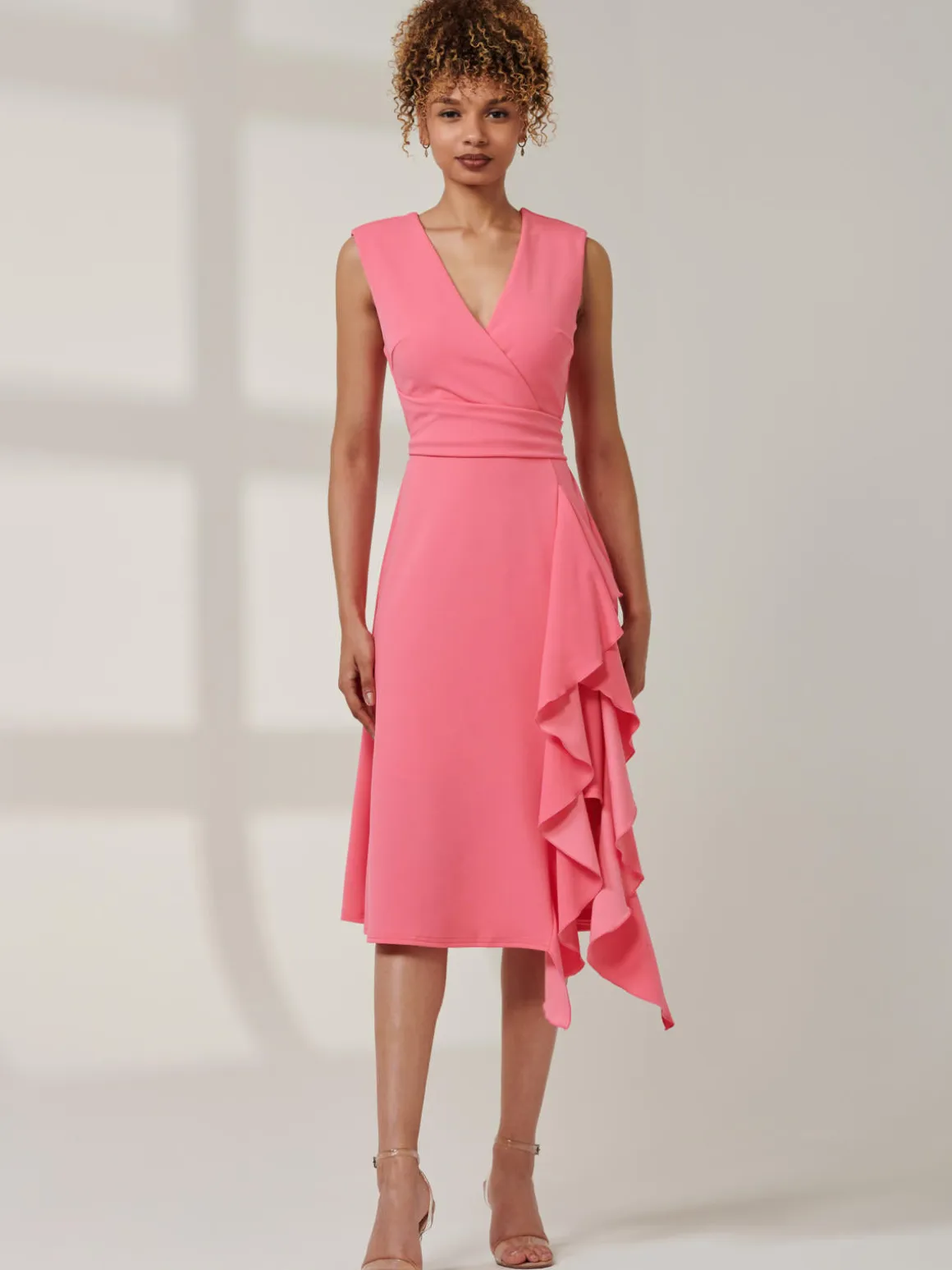 Qiana Ruffle Detail Midi Dress, Pink