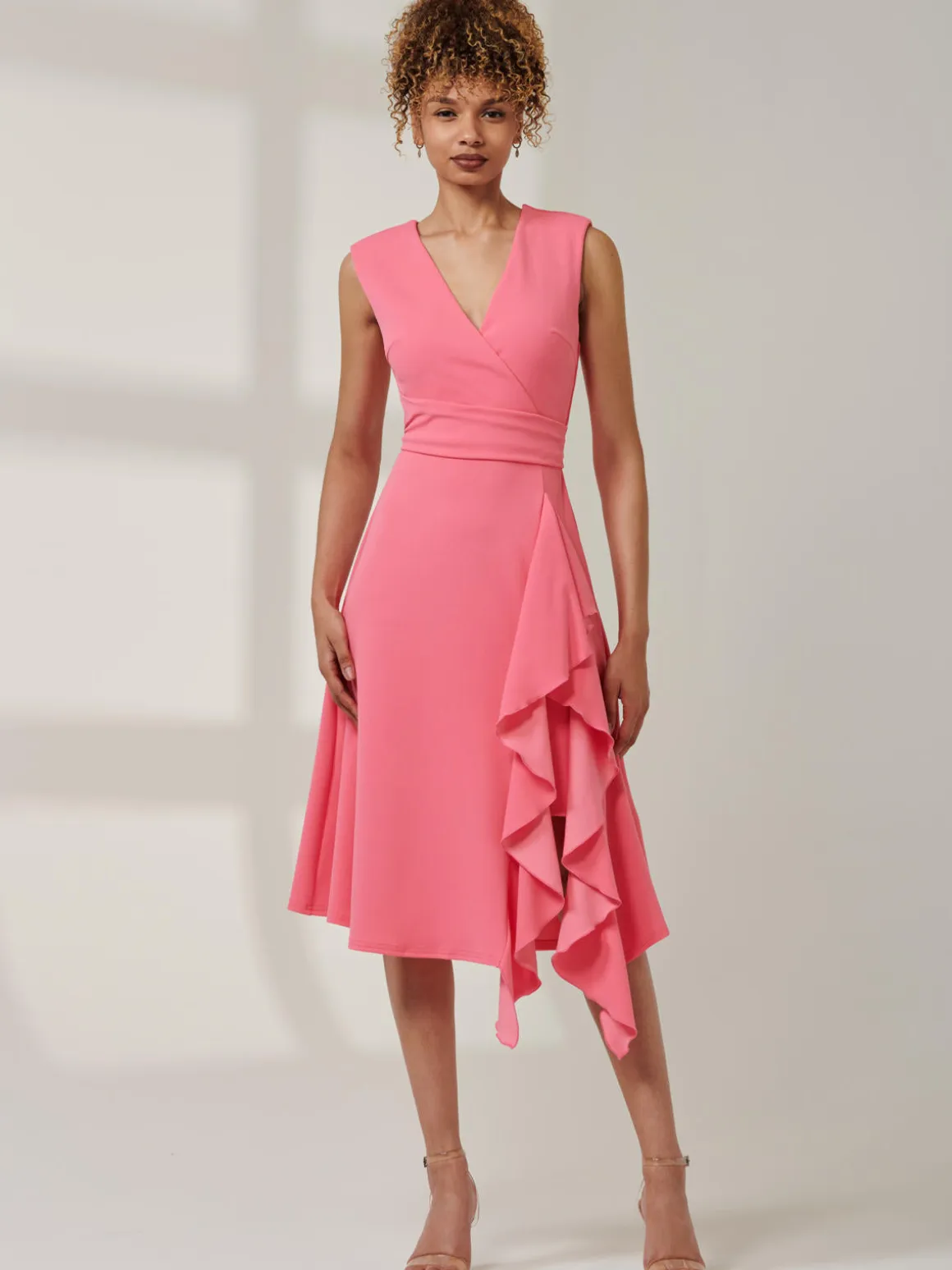 Qiana Ruffle Detail Midi Dress, Pink