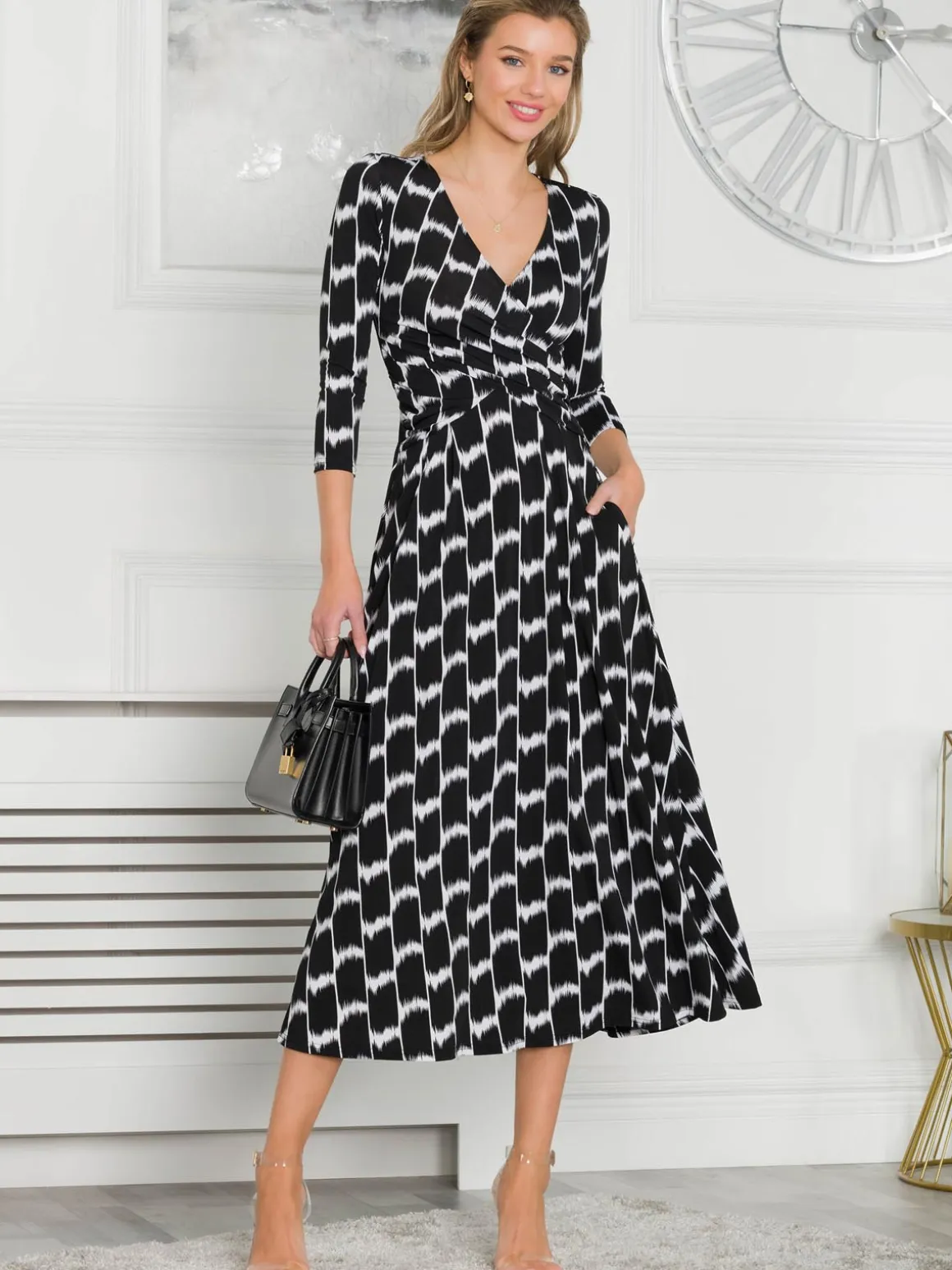 Quintella Jersey Side Split Maxi Dress, Black Geo