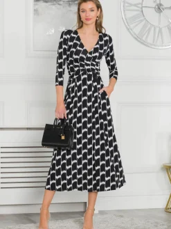 Quintella Jersey Side Split Maxi Dress, Black Geo