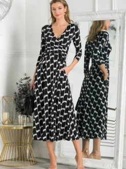 Quintella Jersey Side Split Maxi Dress, Black Geo