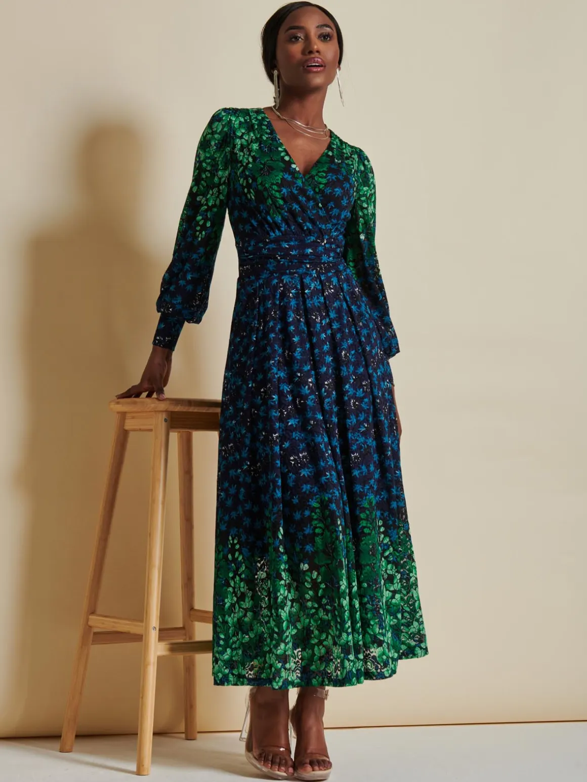 Quiyn Symmetrical Print Lace Maxi Dress, Blue Multi