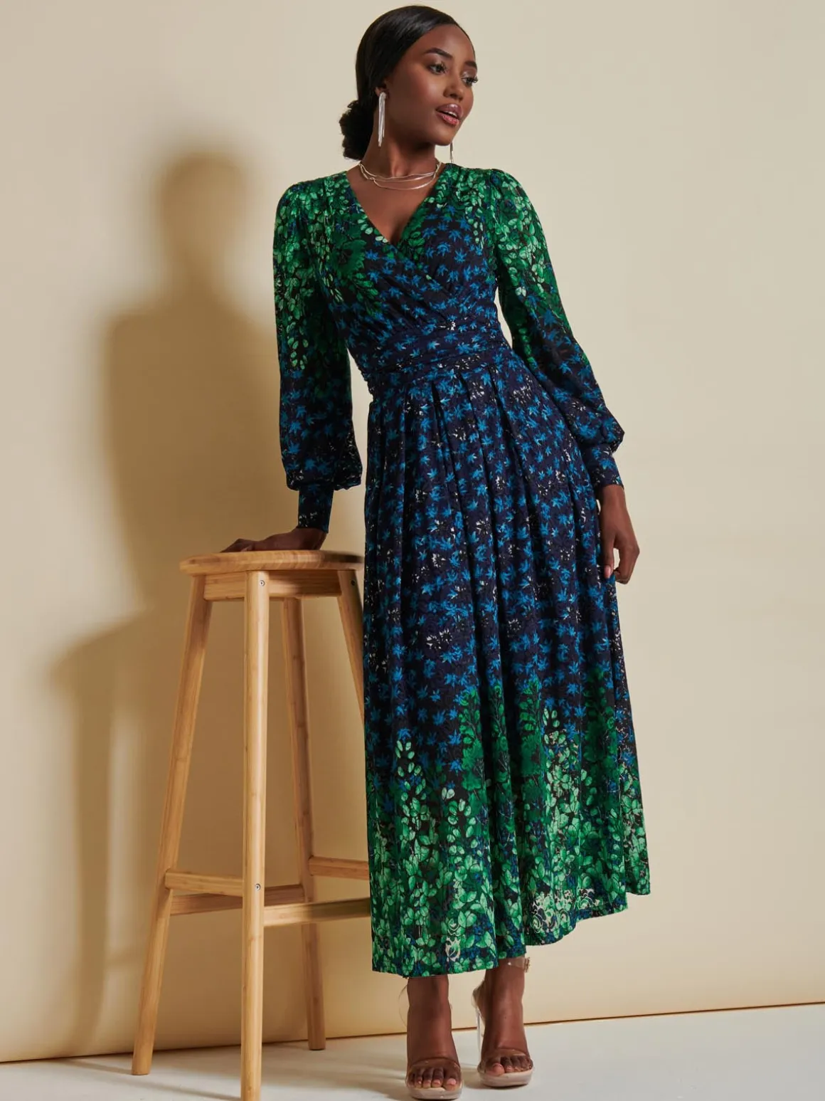 Quiyn Symmetrical Print Lace Maxi Dress, Blue Multi