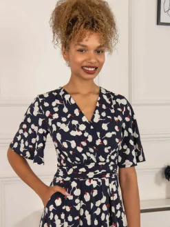 Quyn Angel Sleeve Jersey Dress, Navy White Floral