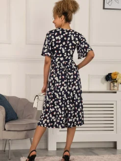 Quyn Angel Sleeve Jersey Dress, Navy White Floral