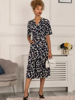 Quyn Angel Sleeve Jersey Dress, Navy White Floral