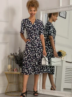 Quyn Angel Sleeve Jersey Dress, Navy White Floral