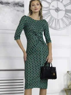 Qyara Jersey Twist Bodycon Midi Dress, Green Geometric