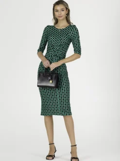 Qyara Jersey Twist Bodycon Midi Dress, Green Geometric