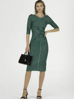 Qyara Jersey Twist Bodycon Midi Dress, Green Geometric