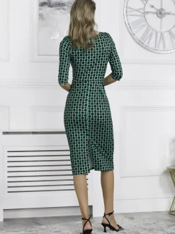 Qyara Jersey Twist Bodycon Midi Dress, Green Geometric