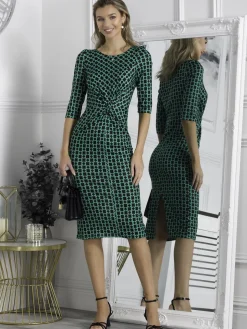 Qyara Jersey Twist Bodycon Midi Dress, Green Geometric