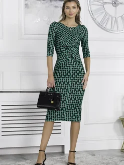 Qyara Jersey Twist Bodycon Midi Dress, Green Geometric