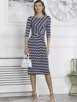 Qyara Jersey Twist Bodycon Midi Dress, Navy Geo