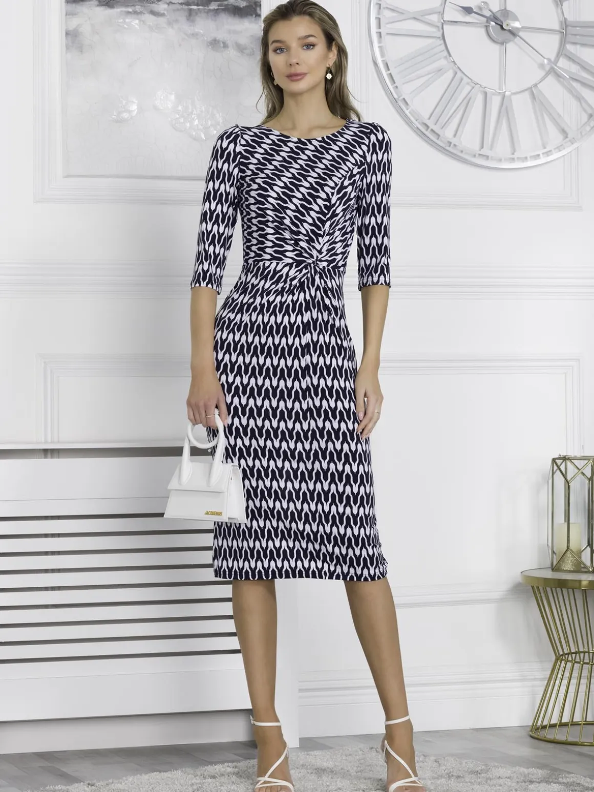 Qyara Jersey Twist Bodycon Midi Dress, Navy Geo