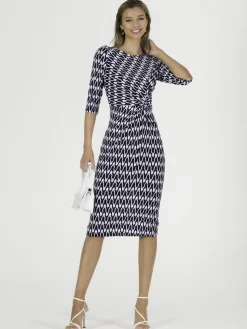 Qyara Jersey Twist Bodycon Midi Dress, Navy Geo