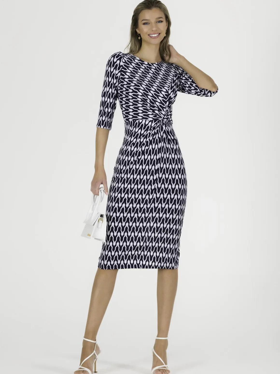 Qyara Jersey Twist Bodycon Midi Dress, Navy Geo