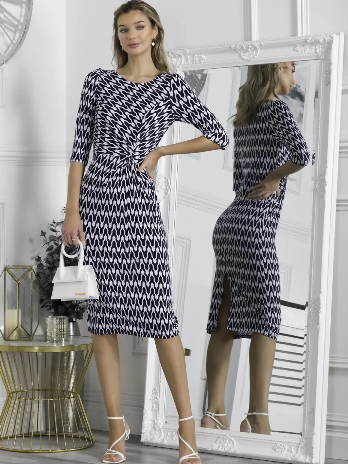 Qyara Jersey Twist Bodycon Midi Dress, Navy Geo
