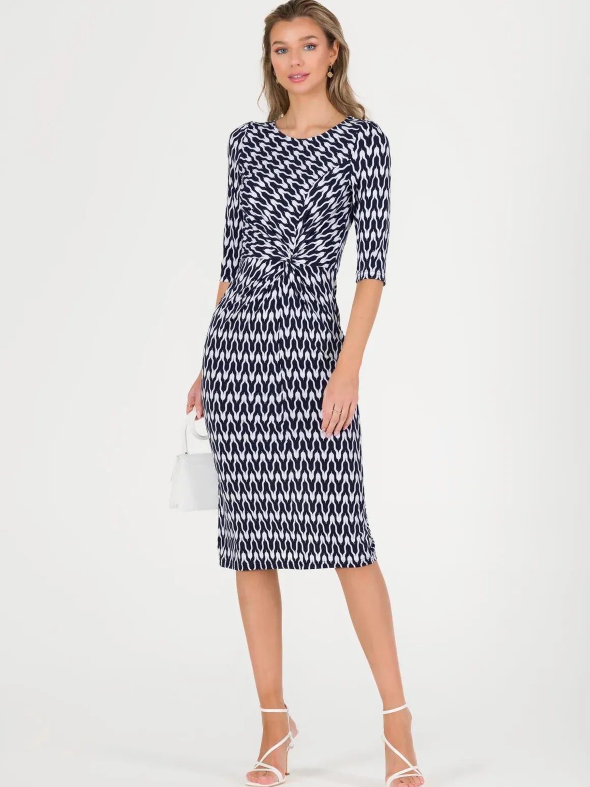 Qyara Jersey Twist Bodycon Midi Dress, Navy Geo