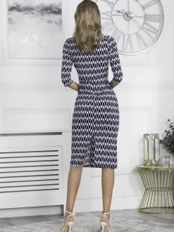 Qyara Jersey Twist Bodycon Midi Dress, Navy Geo