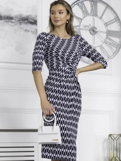 Qyara Jersey Twist Bodycon Midi Dress, Navy Geo