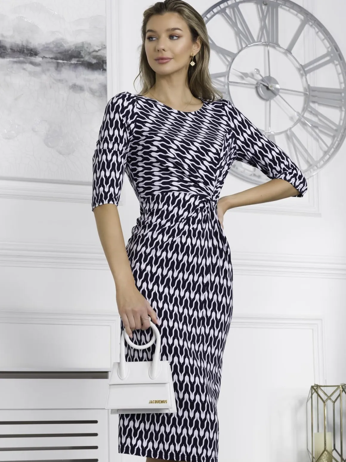 Qyara Jersey Twist Bodycon Midi Dress, Navy Geo