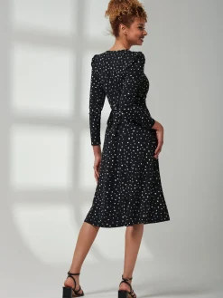 Rafella Long Sleeve Midi Dress, Black Spot