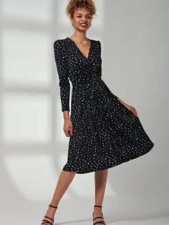 Rafella Long Sleeve Midi Dress, Black Spot