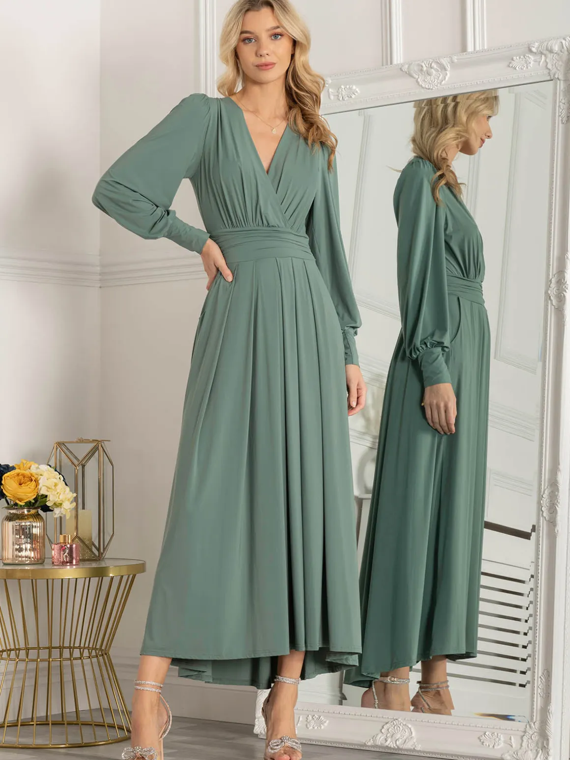 Rashelle Jersey Long Sleeve Maxi Dress, Pleat Green