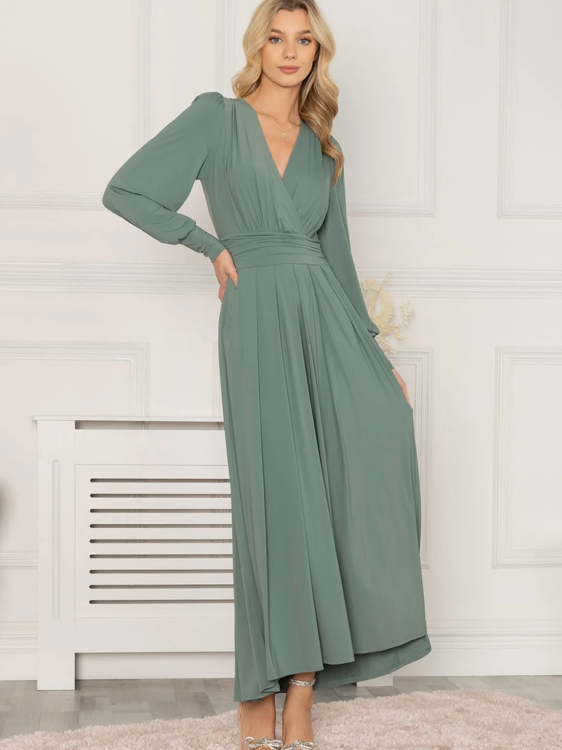 Rashelle Jersey Long Sleeve Maxi Dress, Pleat Green