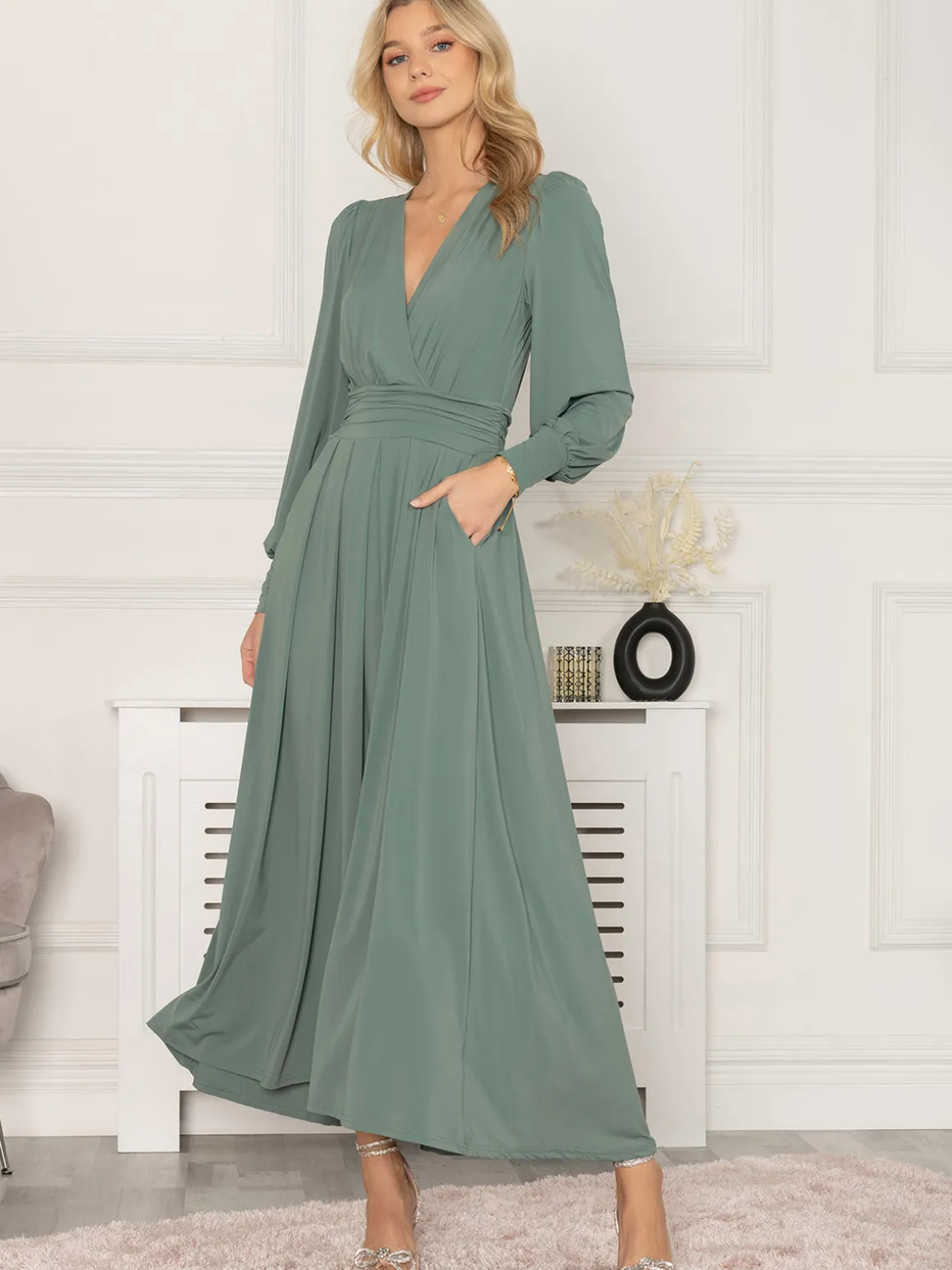 Rashelle Jersey Long Sleeve Maxi Dress, Pleat Green