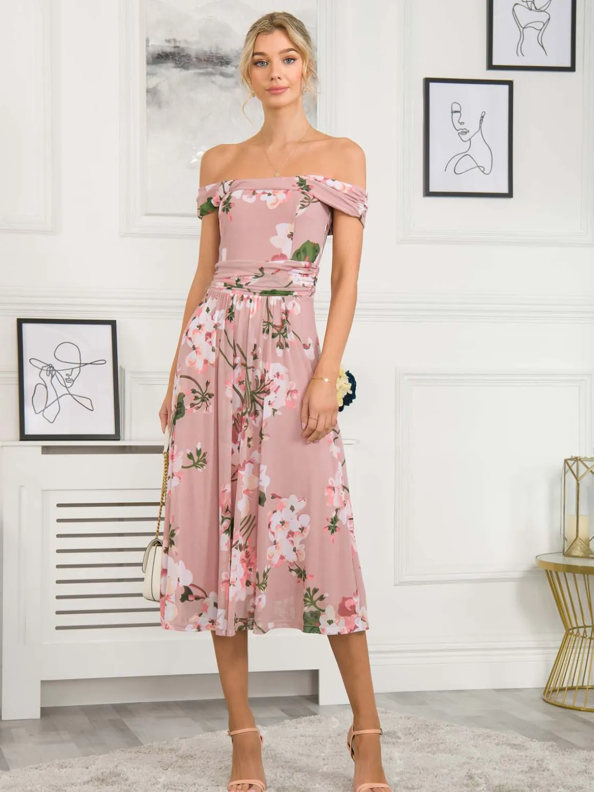 Rawiya Bardot Neck Mesh Dress, Pink Floral