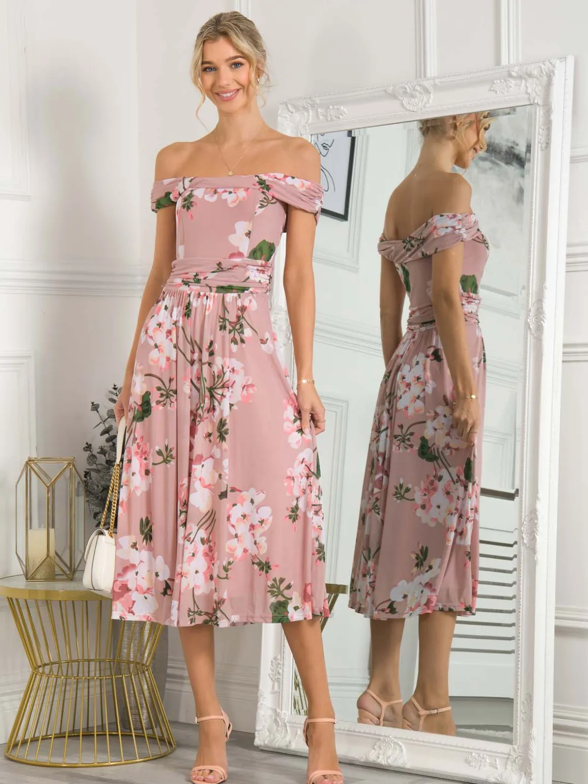 Rawiya Bardot Neck Mesh Dress, Pink Floral